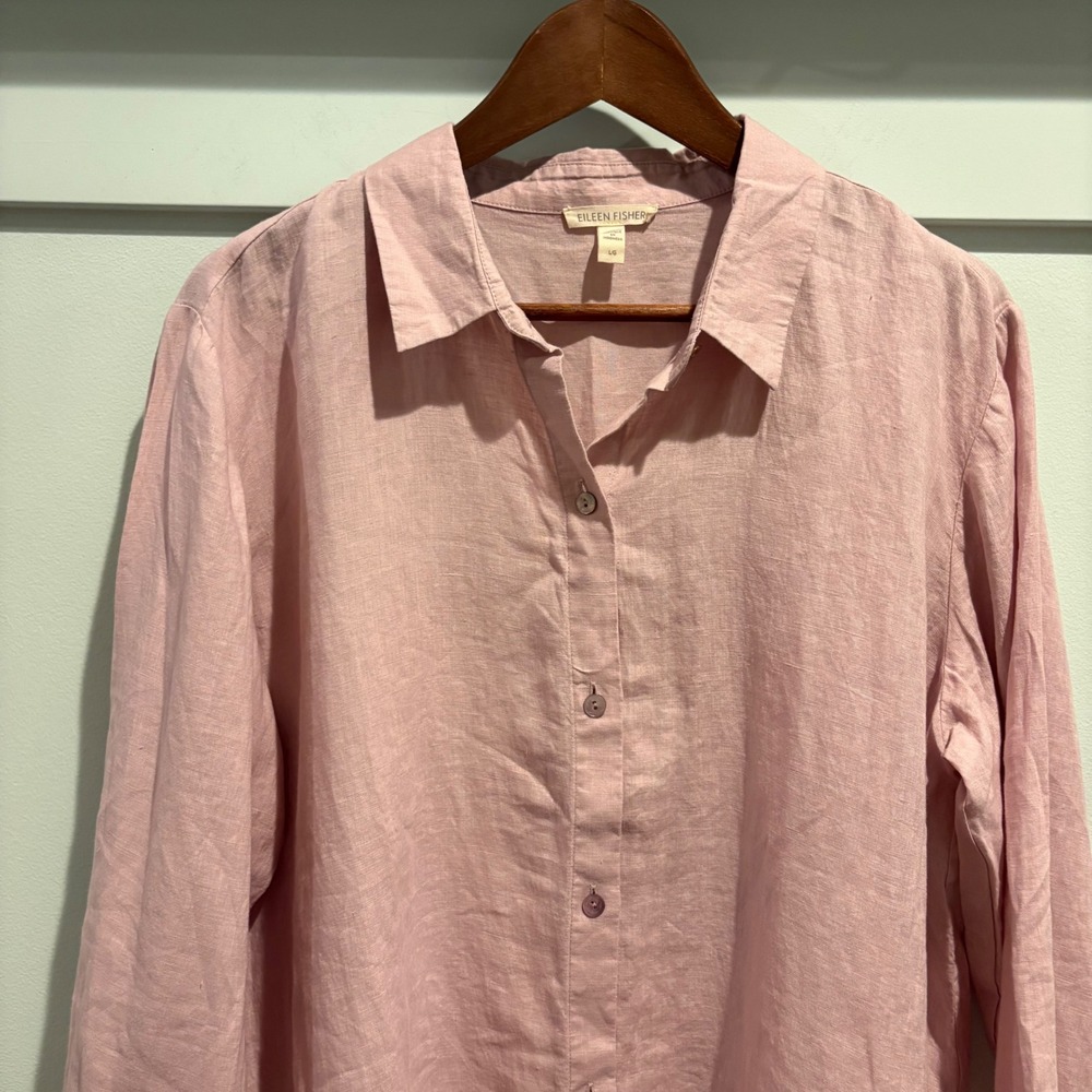 Eileen Fisher Linen Shirt Large Pink Lilac Organic Linen Long Sleeve Button Up - Picture 4 of 12